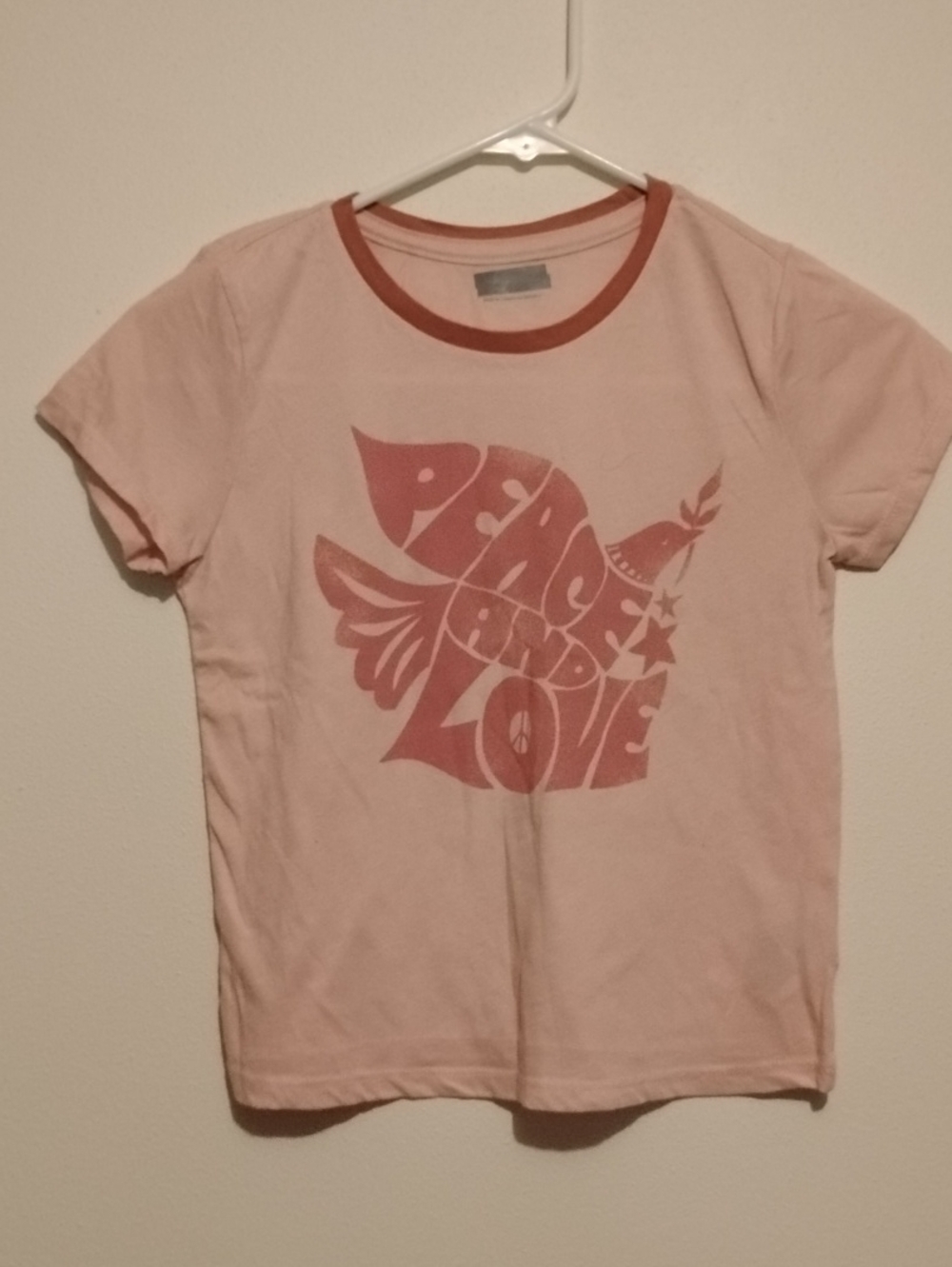 Old Navy Pink Tee with Rust Ringer and Peace Dove Graphic